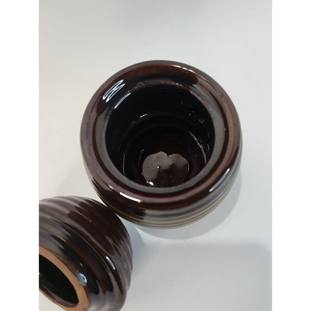 Vintage Beehive Ceramic Honey Pot Jar Two Tone Brown Drip Glaze with Lid 5in